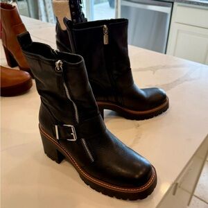 Blondo Black Leather Lug-Heel Ankle Boots with Buckle Detail